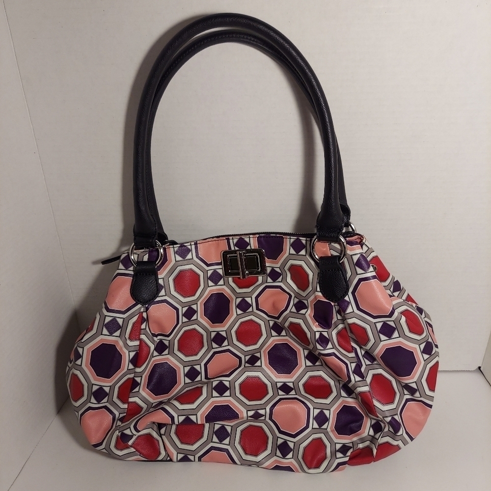 Elle Colorful Geometric Faux Leather Shoulder Bag Purse Handbag Lined EUC